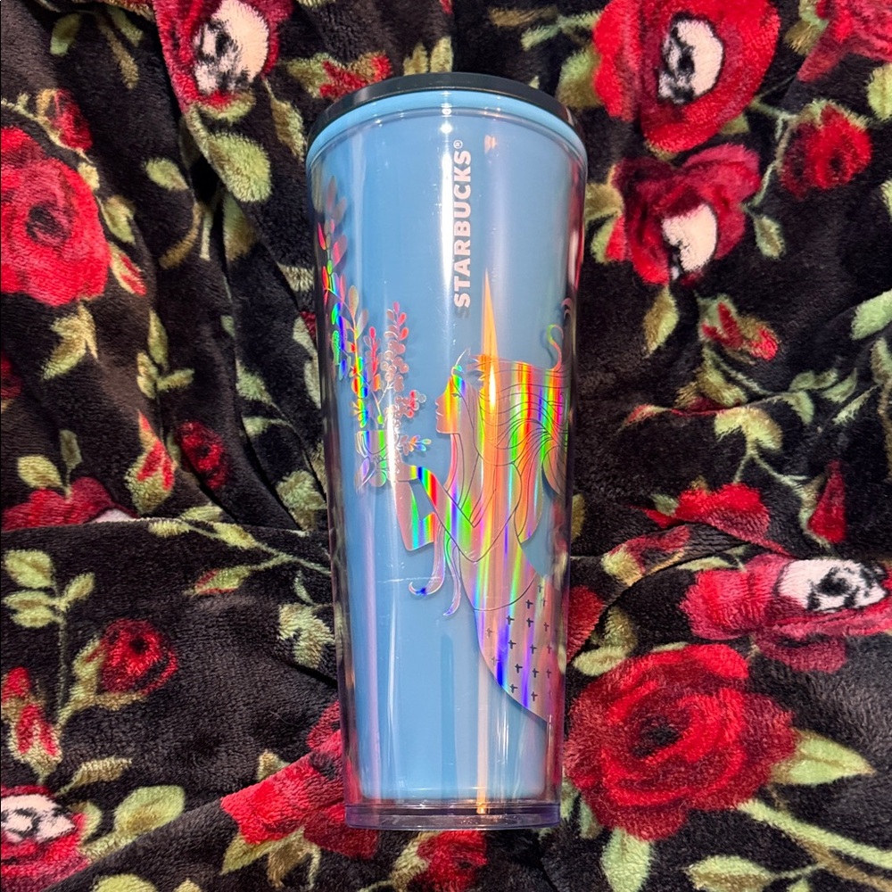 Starbucks Light Blue Tumbler with Rainbow Accents
